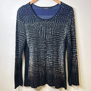 NIC+ZOE sweater abstract geometric jacquard knit pattern in black, white, & blue